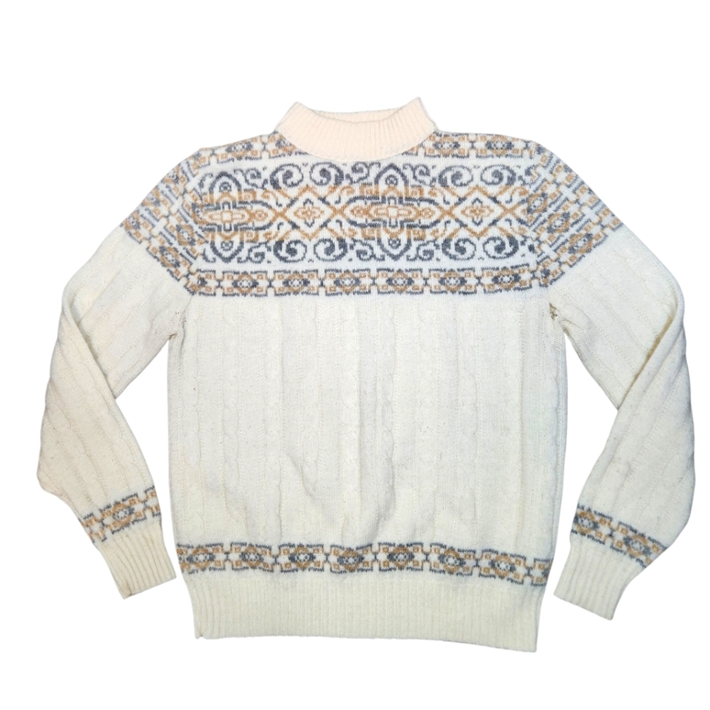Vintage Jantzen Sweater Wool Cable Knit Nordic Fair Isle Cream Cottage USA‎ L